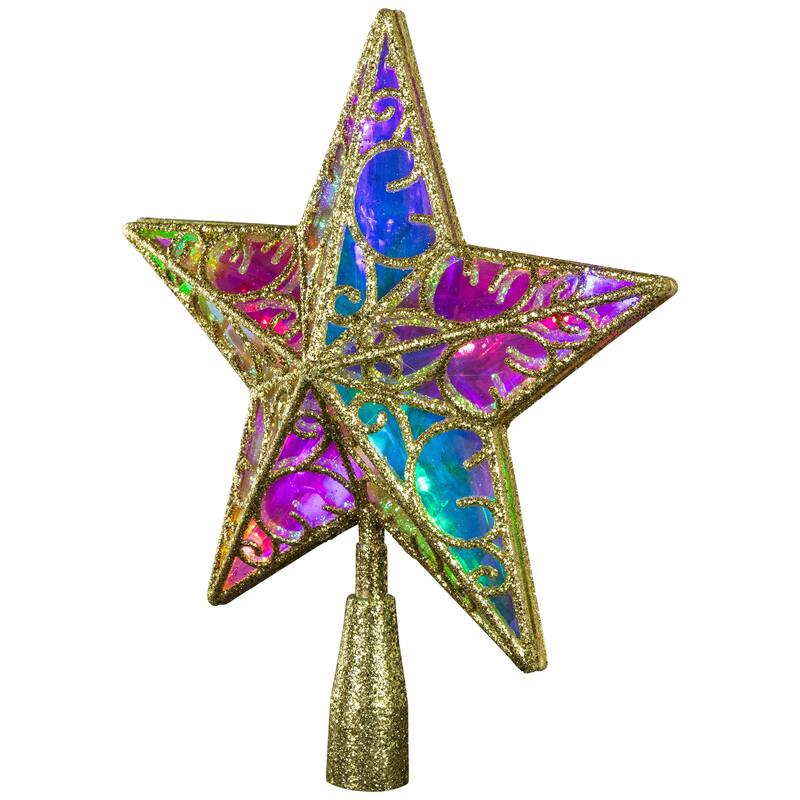 LED Lighted Iridescent Glittered Star Christmas Tree Topper - 11" - Gold - Multicolor Lights