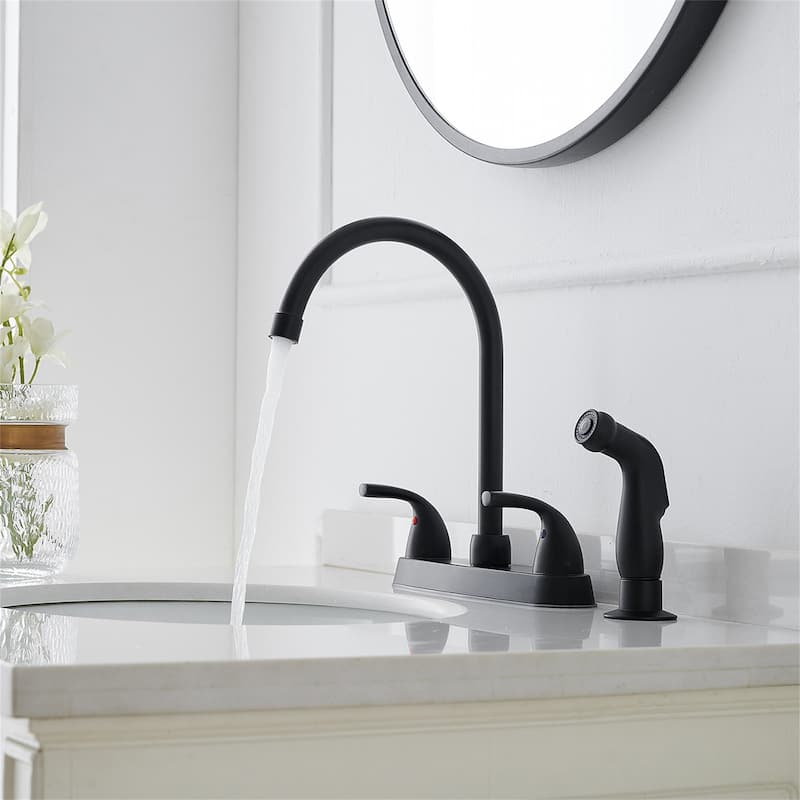 Bridge Kitchen Faucet with Side Sprayer Brass Double Handle Commercial Bridge Kitchen Sink Faucets 4 Holes