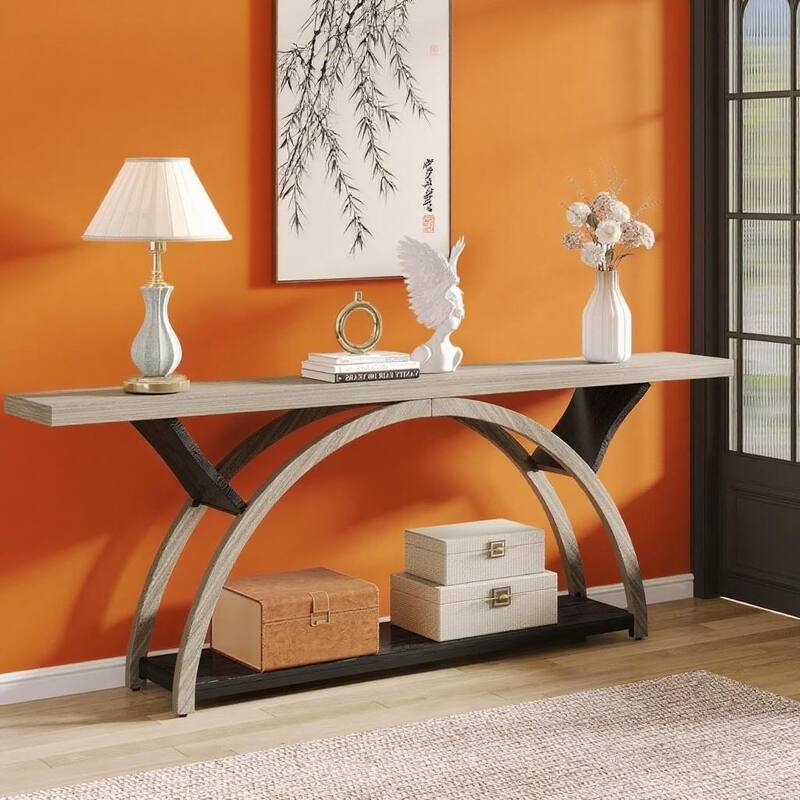 Farmhouse Industrial Console Table with Curved Base 2 Tier Wood Grain Top Metal Frame Entryway Hallway Sofa Table