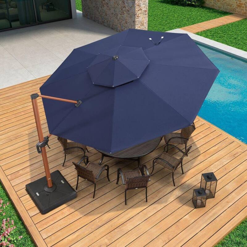 PURPLE LEAF 13ft Round Wood Pattern Patio Cantilever Umbrella with Base