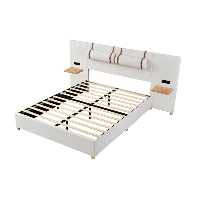 Full/Queen Size Upholstered Platform Bed with 2 Outlets and USB Charging Ports, Velvet Bed Frame with Bedside Pillows & Shelves