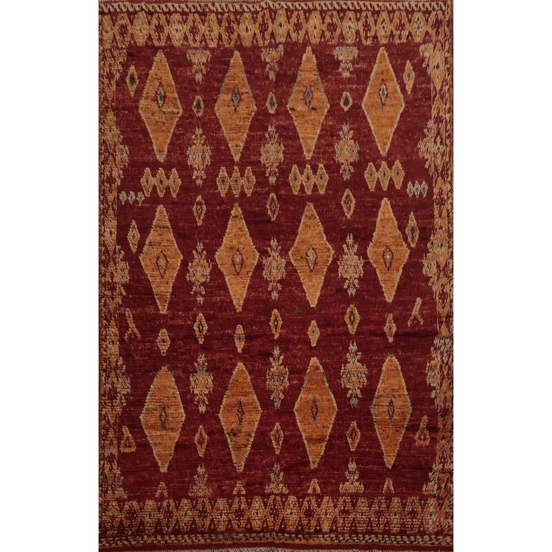Hand Knotted Oriental 100% Wool Carpet Modern Tribal Red Moroccan Area Rug - 9' 11'' X 6' 10''