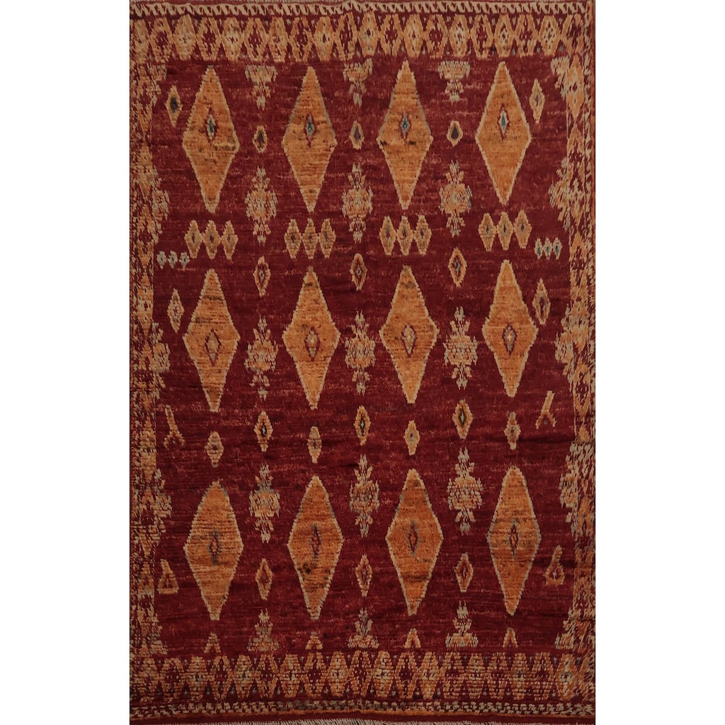 Hand Knotted Oriental 100% Wool Carpet Modern Tribal Red Moroccan Area Rug - 9' 11'' X 6' 10''