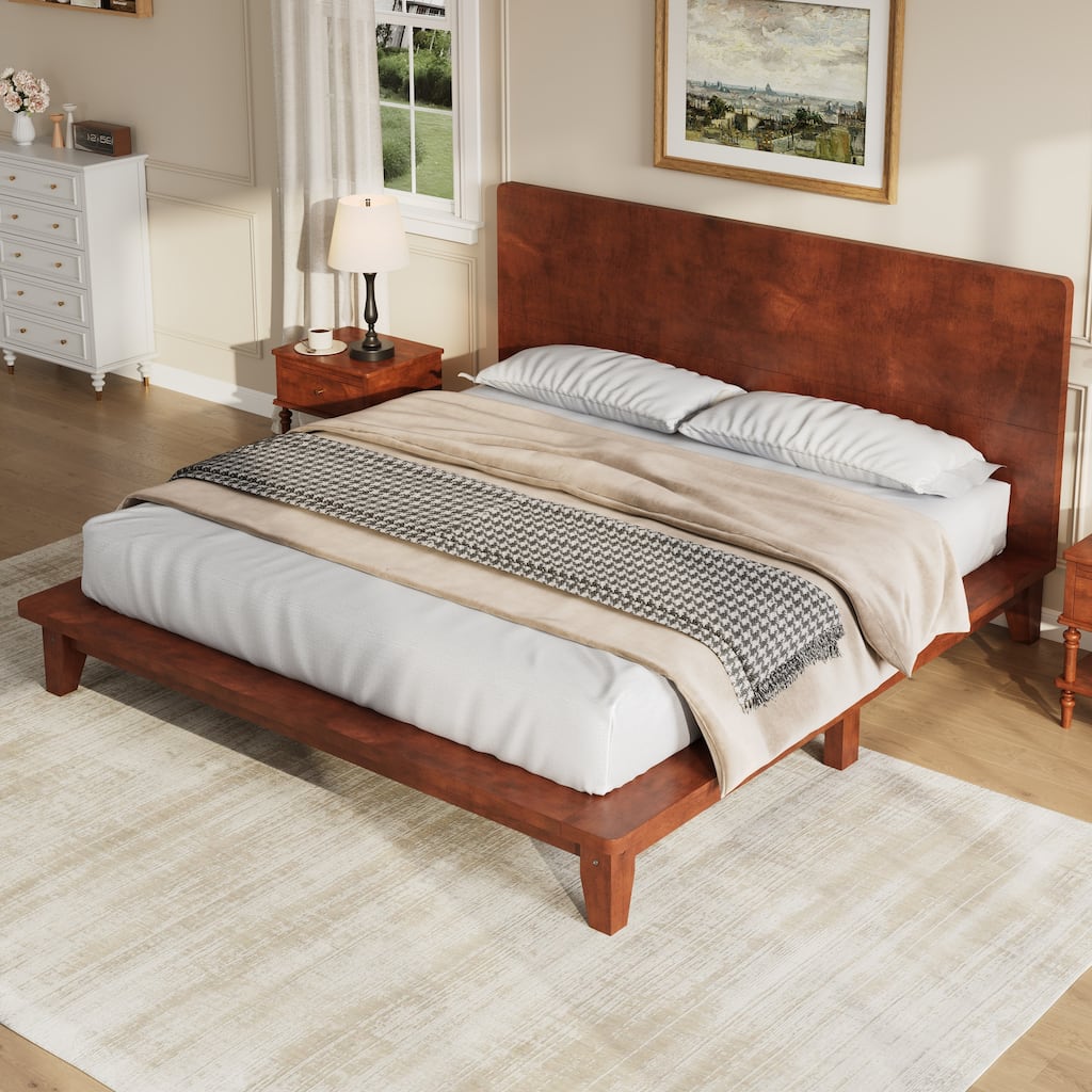 Low-Profile Platform Bed Frame with Headboard, Wood Slat Support, Wingback Panel Bed