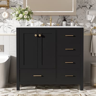 36'' Bathroom Vanity with Ceramic Sink Combo,Freestanding Vanity Set with 4 Drawers& Soft Closing Doors, Black