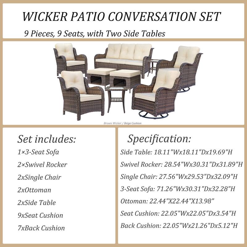 9 Piece Outdoor Wicker Patio Furniture Seating Sofa Set Swivel Chair