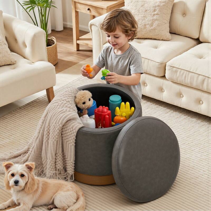 Round Swivel Storage Ottoman Footstool with Flip-top and Acacia Frame