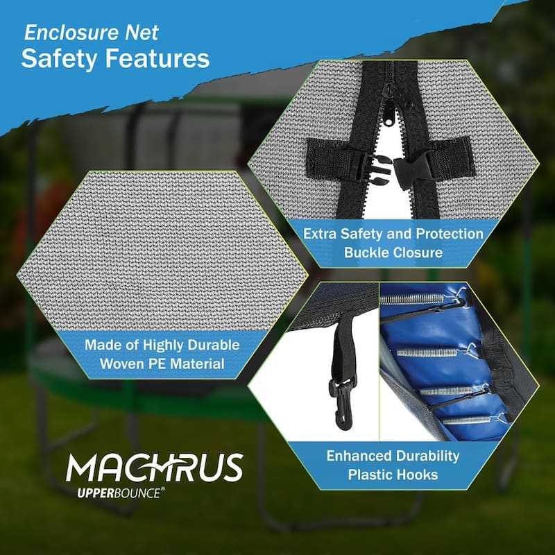 Machrus Upper Bounce Trampoline Top Ring Enclosure Set including Net, 8 Poles, Caps & Foam Sleeves - Fits 10ft Round Trampoline