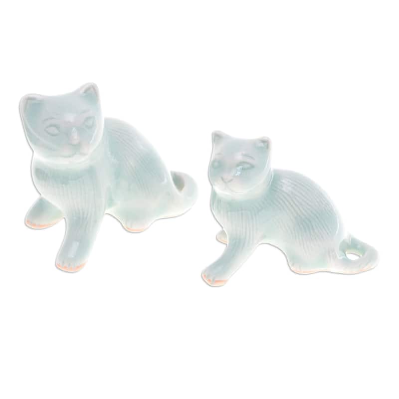 Novica Handmade Cat Allure Celadon Ceramic Figurines (Pair)
