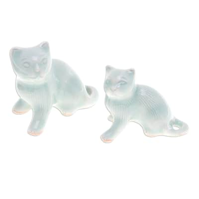Novica Handmade Cat Allure Celadon Ceramic Figurines (Pair)