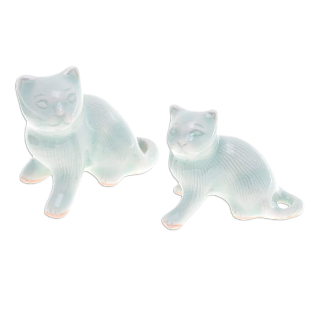 Novica Handmade Cat Allure Celadon Ceramic Figurines (Pair)