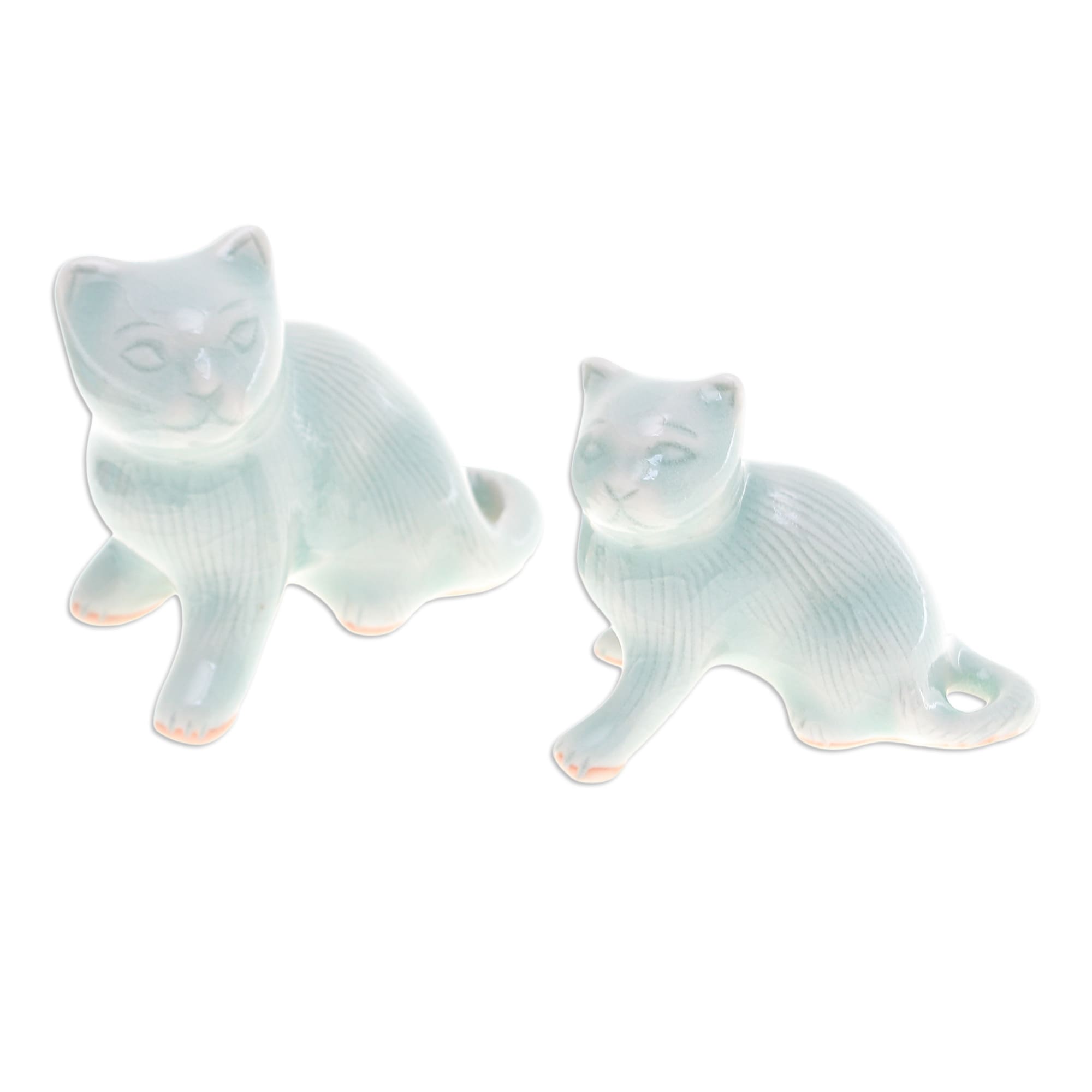 Novica Handmade Cat Allure Celadon Ceramic Figurines (Pair)