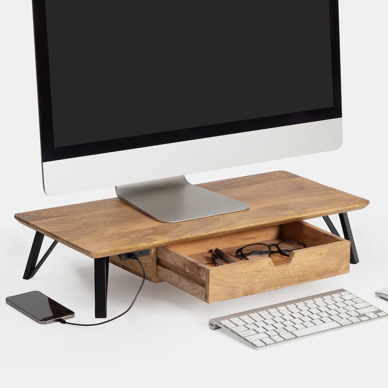 Jani Wood Monitor Stand Riser Desk - Ergonomic Design Stand, Desktop Organizer Table for Home, Office Workspace, Gaming Desk - Yellow
