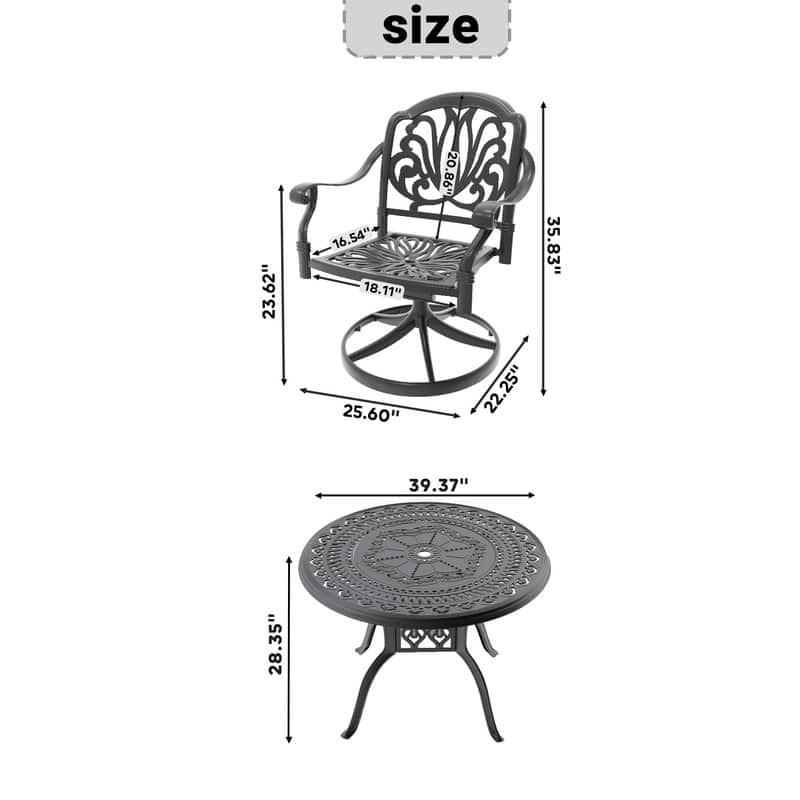 5-Piece Aluminum Round Outdoor Patio Dining Set, 4 Cushioned Swivel Chairs, Table, All-Weather Frames
