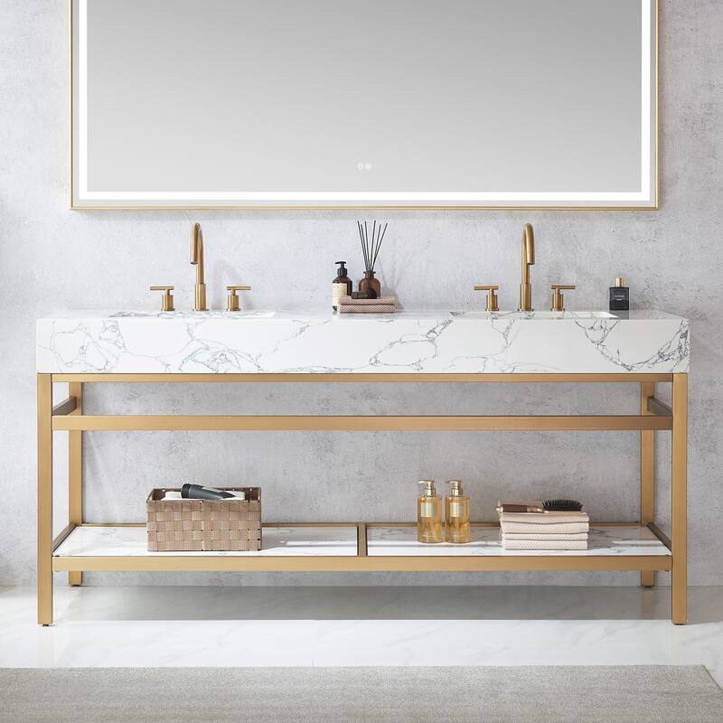 Ecija Bath Vanity, Metal Support with Composite Stone Top and Mirror