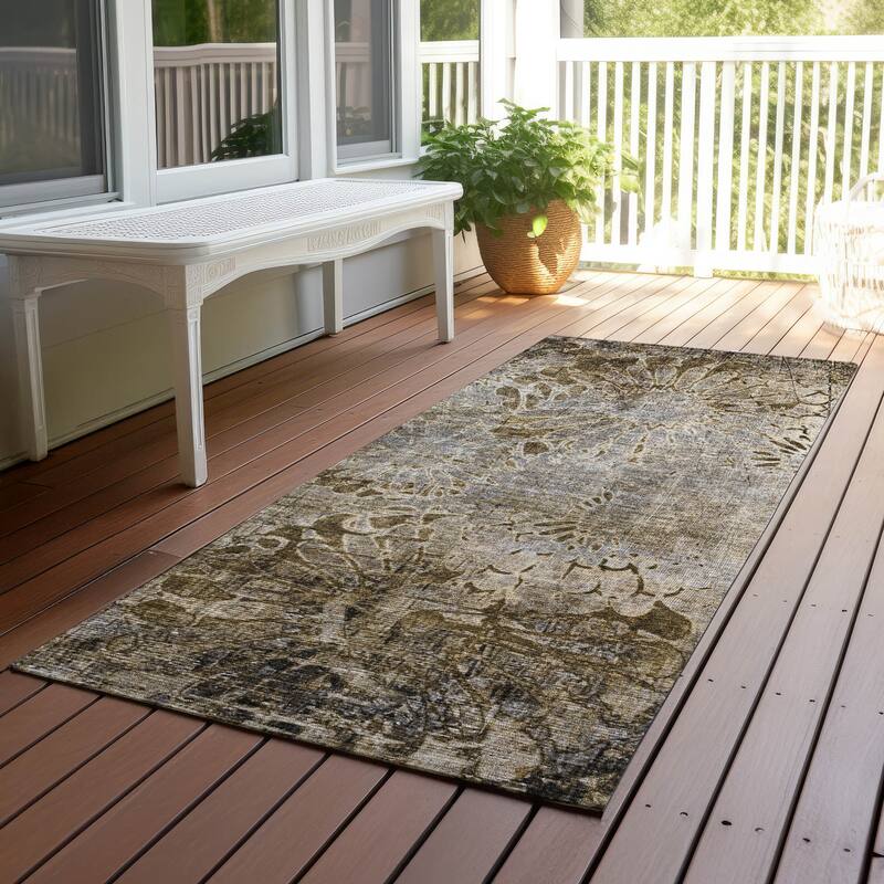 Machine Washable Indoor/ Outdoor Modern Floral Chantille Rug - Brown - 2'3" x 7'6"