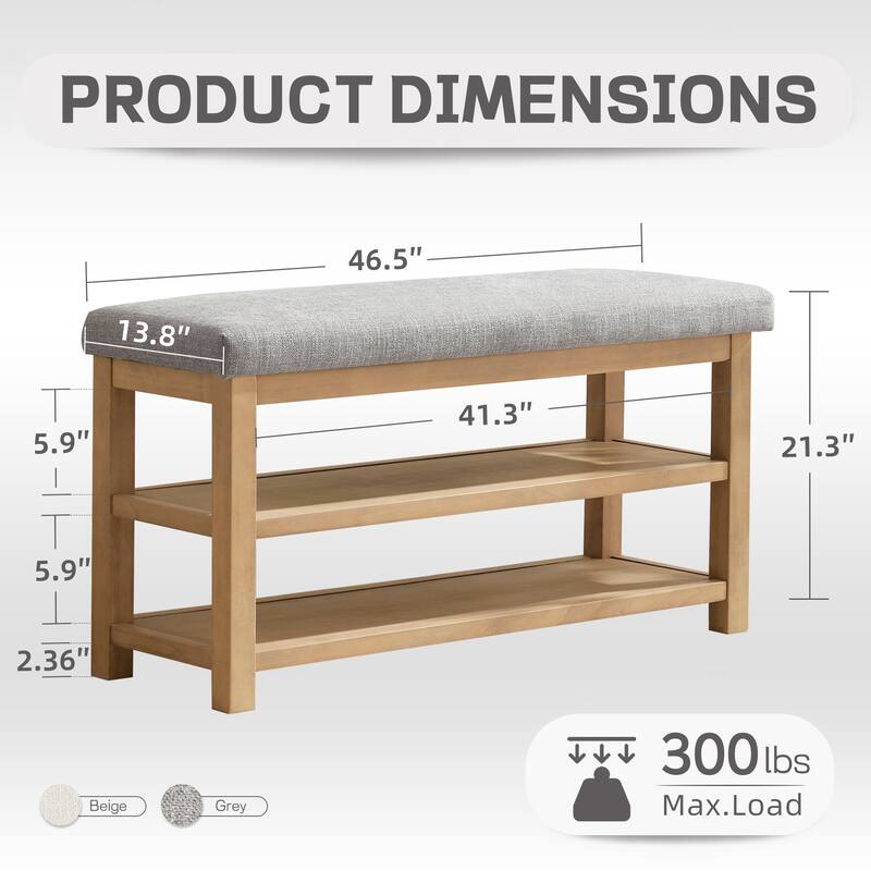 HUIMO Multi-Functional Solid Wood Bench with Storage Shelves 46in