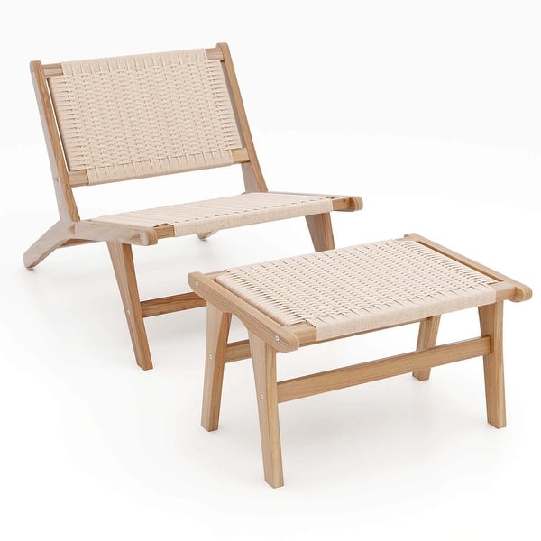 slide 2 of 8, Costway Mid Century Modern Accent Chair with Ottoman Teak Wooden Frame - See Details Natural - See Details