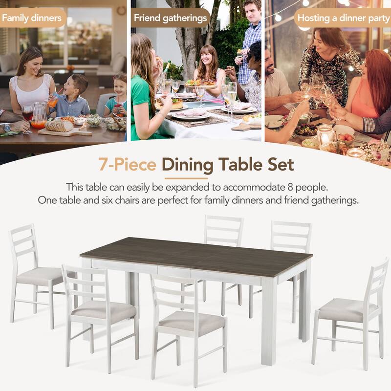Brown+White Rustic 7-Piece Wooden Dining Table Set with 6 Chairs & Extendable Table