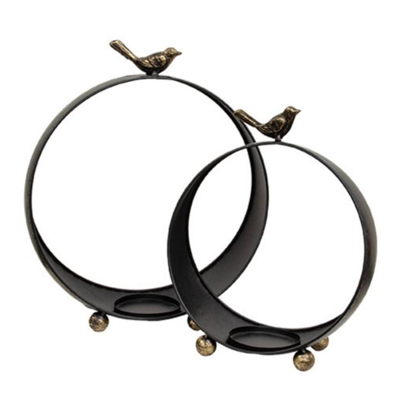 Set of 2 Round Metal Pillar Lanterns with Bird Tops for Indoor and Outdoor Decor Display - Black
