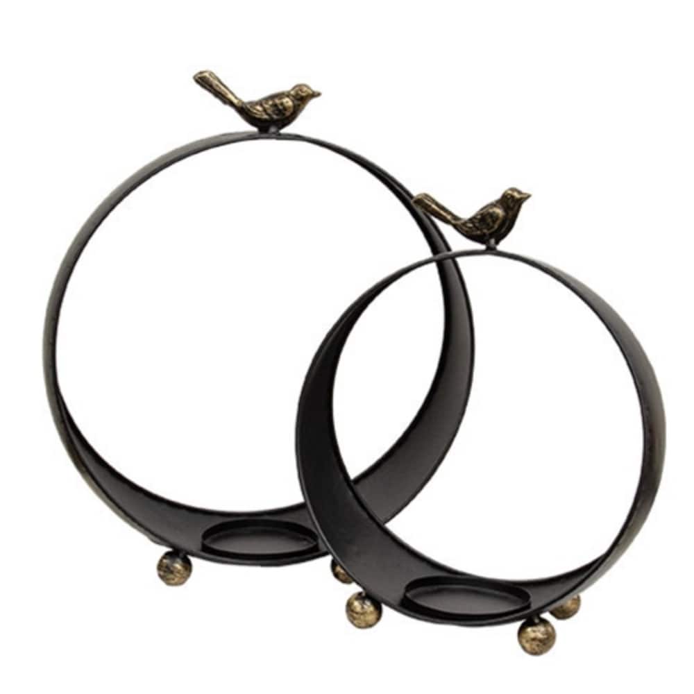 Set of 2 Round Metal Pillar Lanterns with Bird Tops for Indoor and Outdoor Decor Display