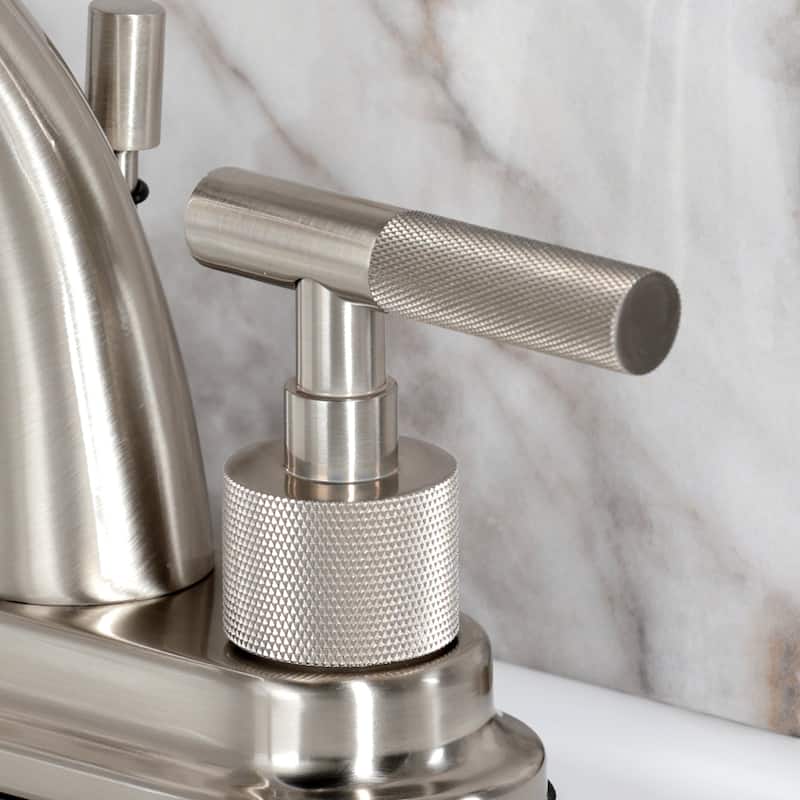 Kingston Brass Convergent Two-Handle 3-Hole Deck Mount 4" Centerset Bathroom Faucet with Knurled Handle and Brass Pop-Up Drain