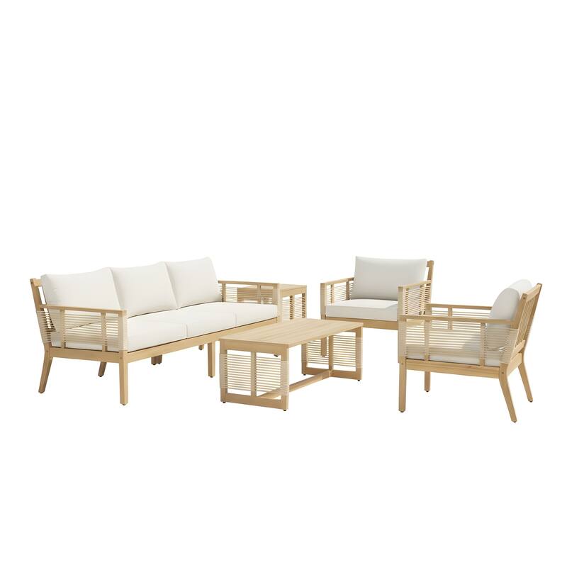 5-Piece Acacia Wood Patio Sofa Set with Rope Weave - Outdoor 3-Seater, 2 Chairs & 2 Coffee Tables for Garden, Poolside