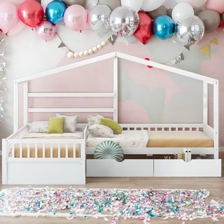 Twin Size L-Shaped House Platform Bed With Three Storage Drawers,Sturdy Frame For Bedroom