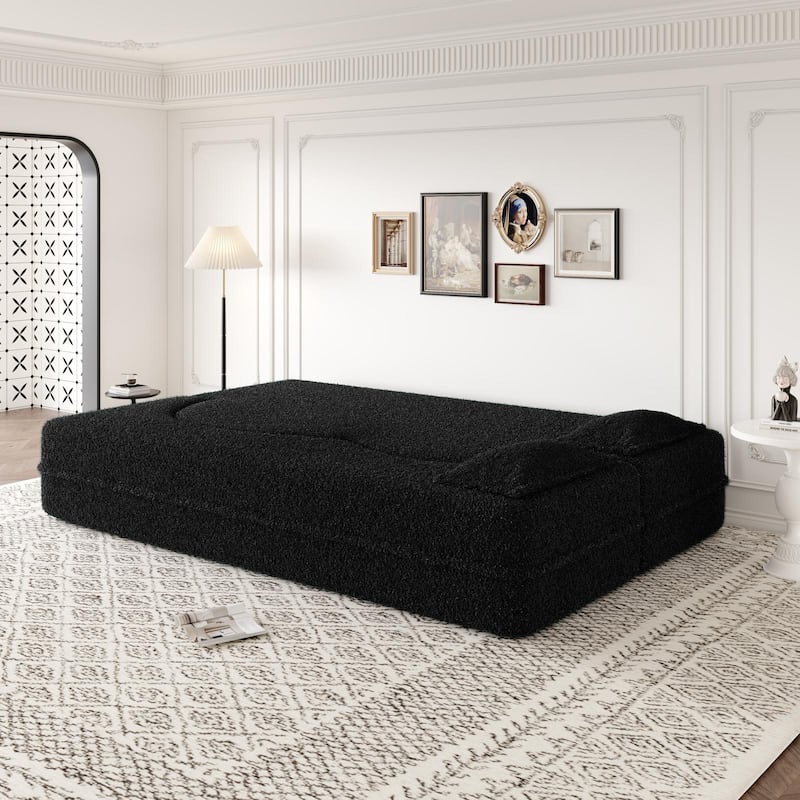 Modern Floor Sofa Bed, Teddy Fabric, 2 Pillows, 15" Fold Mattress