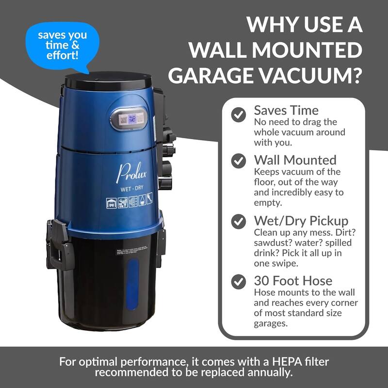 Prolux Professional Shop Blue Wall Mounted Garage Vac Wet Dry Pick Up