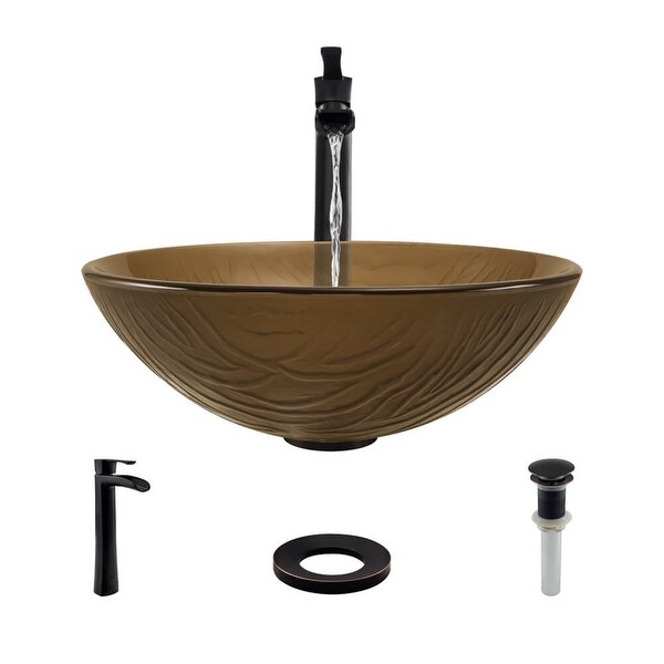 Rene R5-5025-R9-7007 16-5/8" Glass Vessel Bathroom Sink with Vessel Faucet, Sink Ring, and Vessel Pop-Up Drain