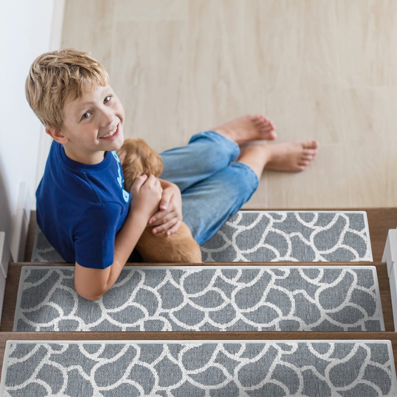 SussexHome Stone Design 9" X 28" Stair Treads - 70% Cotton Anti-Slip Carpet Strips for Indoor Stairs-with Double Adhesive Tape - 7 PACK - Gray