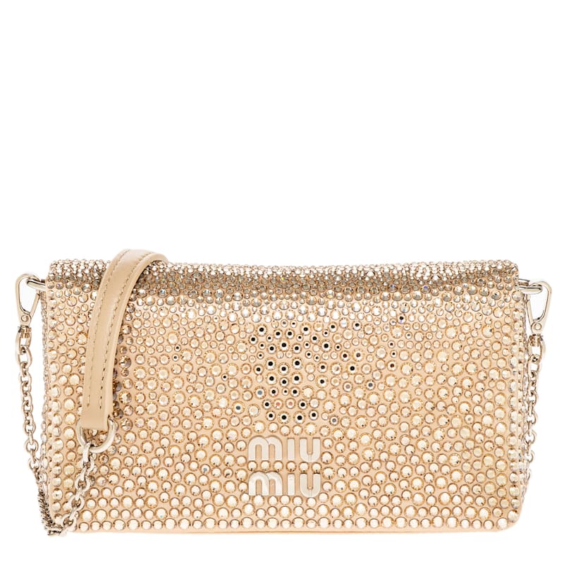 Miu Miu Crystal Embellished Satin Mini Shoulder Bag - Sand