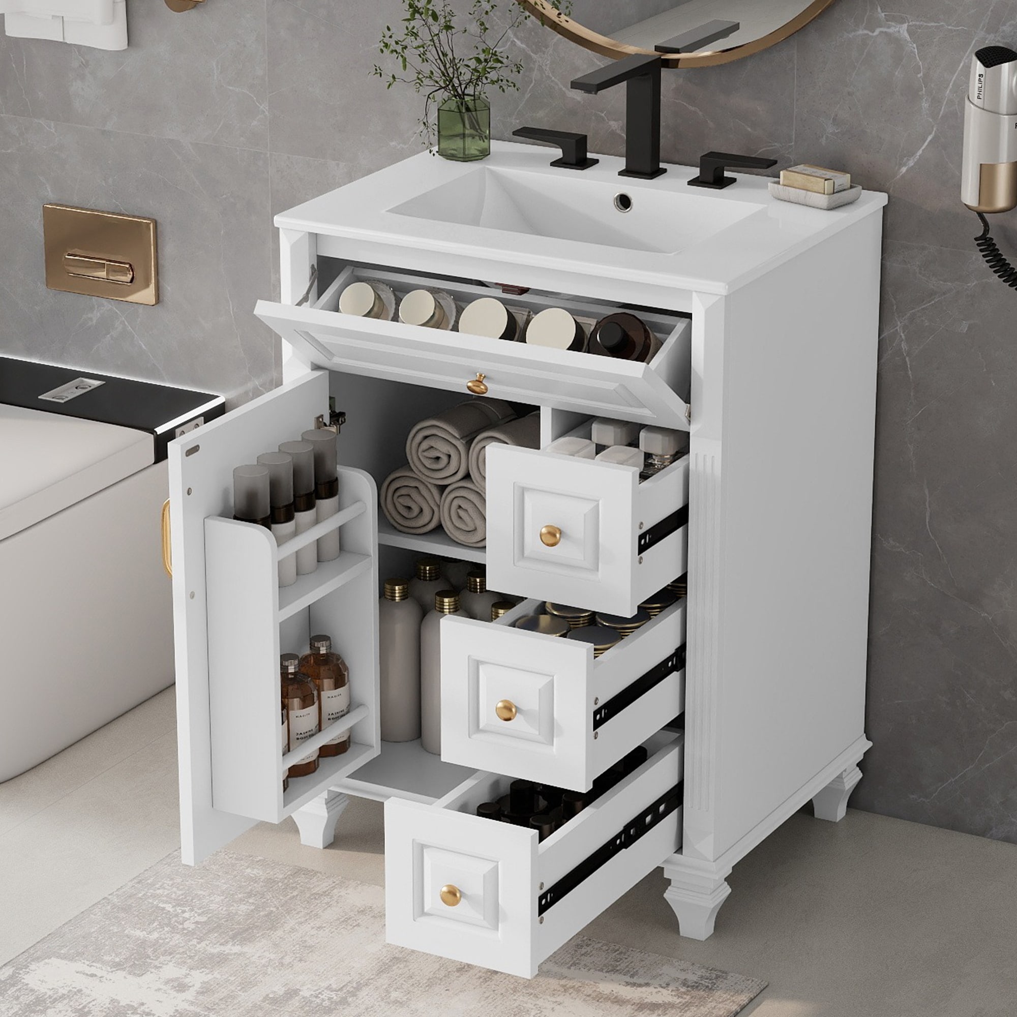 24" Freestanding Bathroom Vanity with Ceramic Sink, Flip-Out Drawer & 3-Drawer Cabinet, Solid Wood & MDF