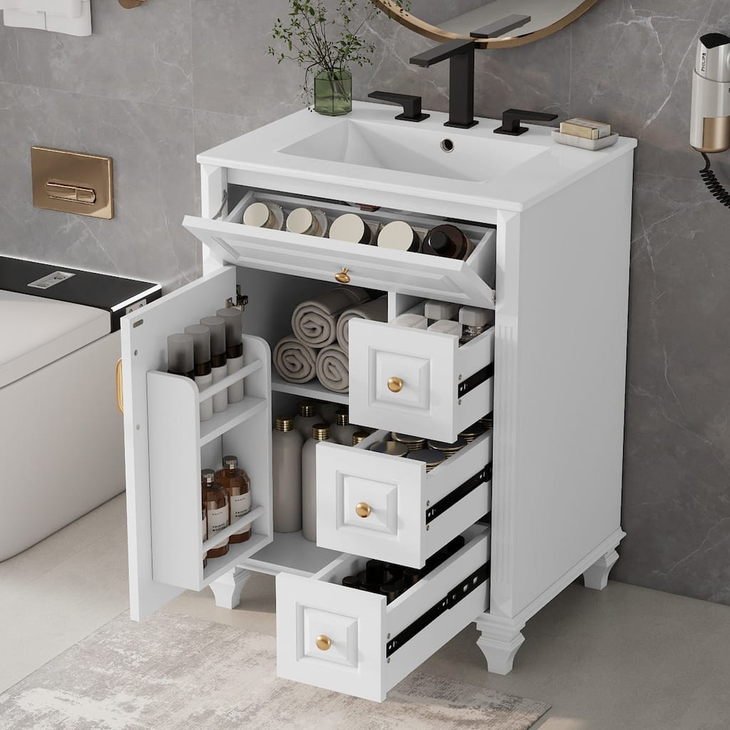 24" Freestanding Bathroom Vanity with Ceramic Sink, Flip-Out Drawer & 3-Drawer Cabinet, Solid Wood & MDF
