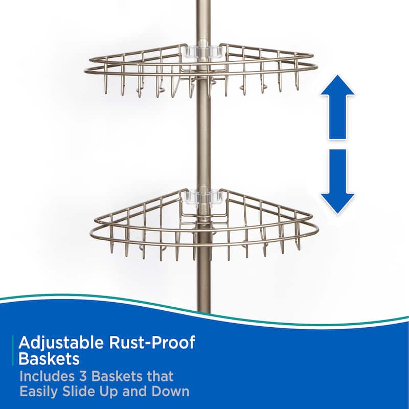 Kenney 3-Tier Spring Tension Adjustable Shower Corner Pole Caddy - Satin Nickel