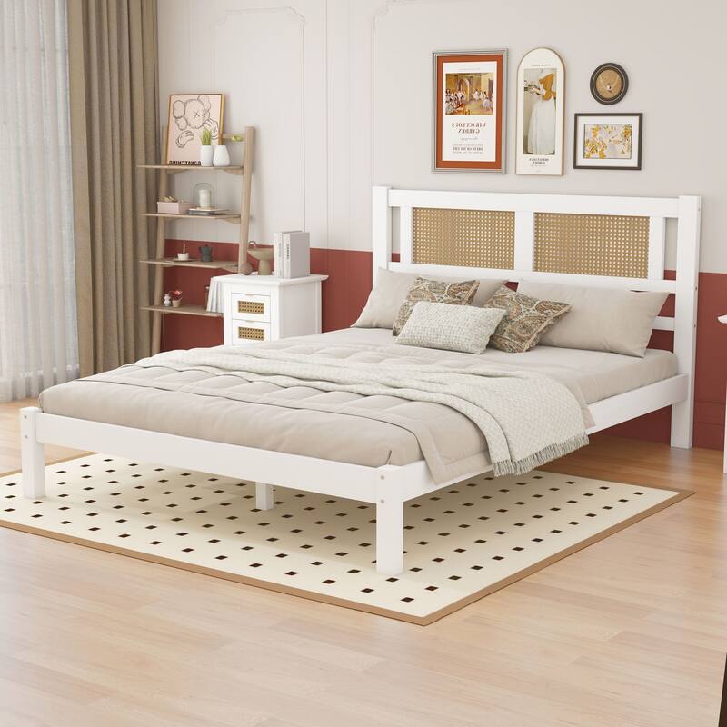 Platform bed with natural rattan headboard