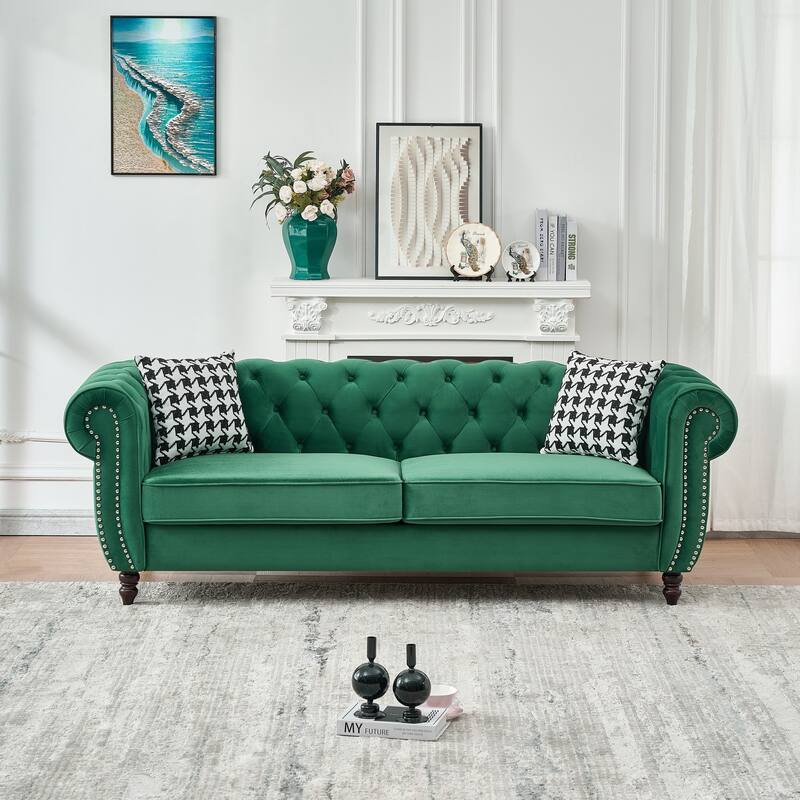 Roomfitters 85" + 65" Classic Chesterfield Upholstered Sofa and Loveseat Set, Scrolled Arm Couch with Button Back Design
