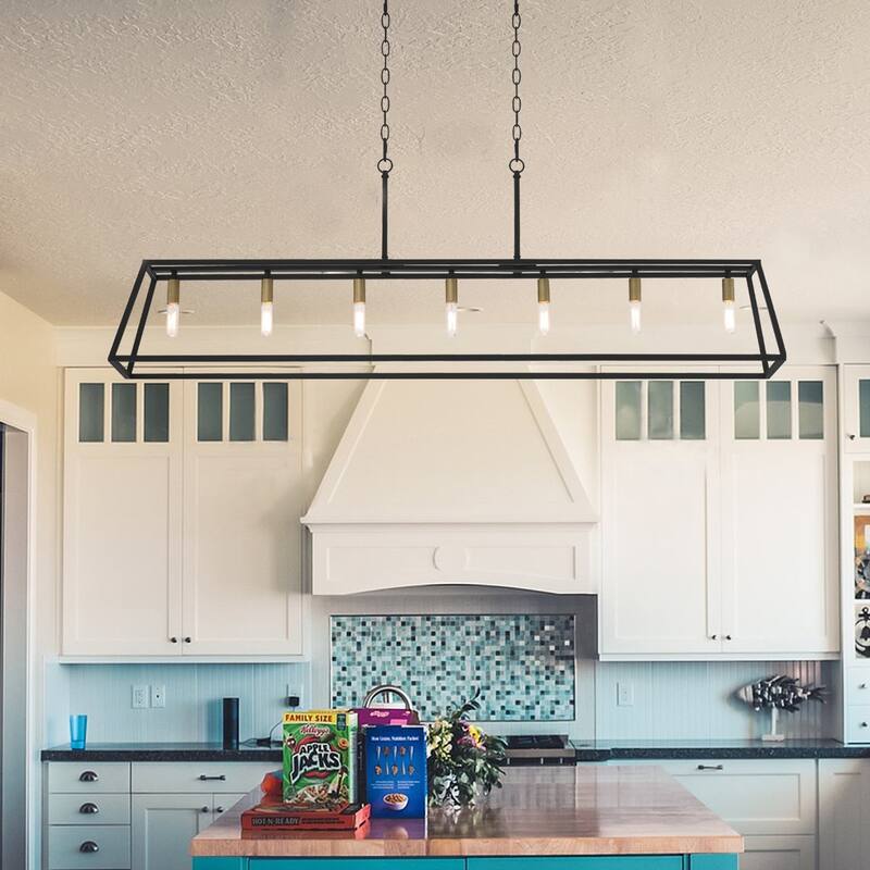 55In Farmhouse Black/ Gold 7-light Linear Dining Chandelier with UL Certified - 55 inches - Black&Gold