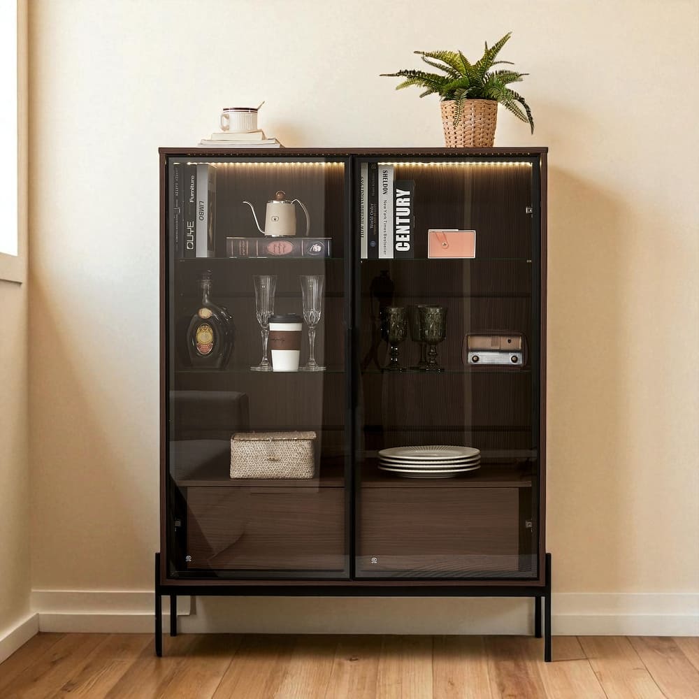 51.2" Modern Display Cabinet with Glass Doors, LED Lighting, Adjustable Shelves and 2 Storage Drawers