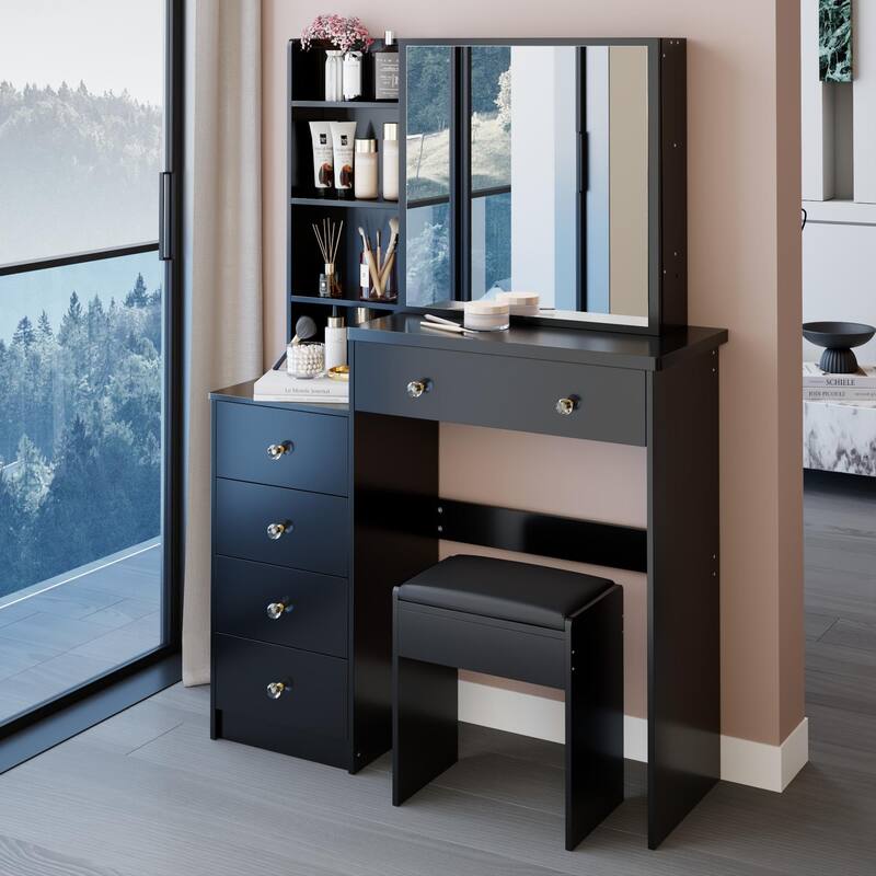 Middle Size Left Bedside Cabinet Vanity Table + Cushioned Stool,Large Right sliding mirror,Multi Layer High Capacity Storage