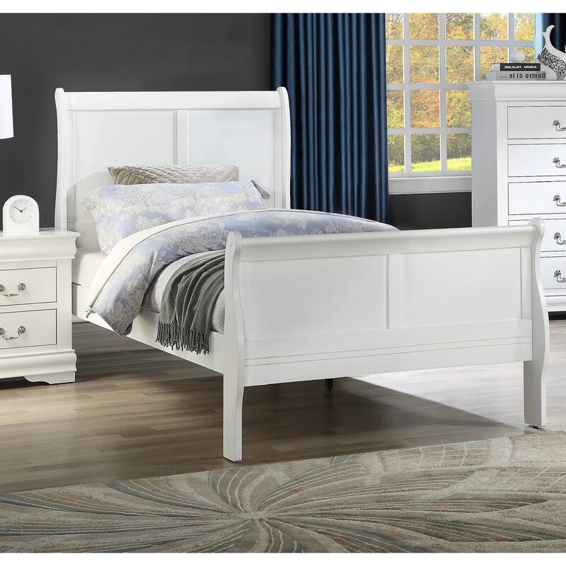 White Twin Size Sleigh Bed - Solid Wood Frame, Transitional Style Bedroom Furniture