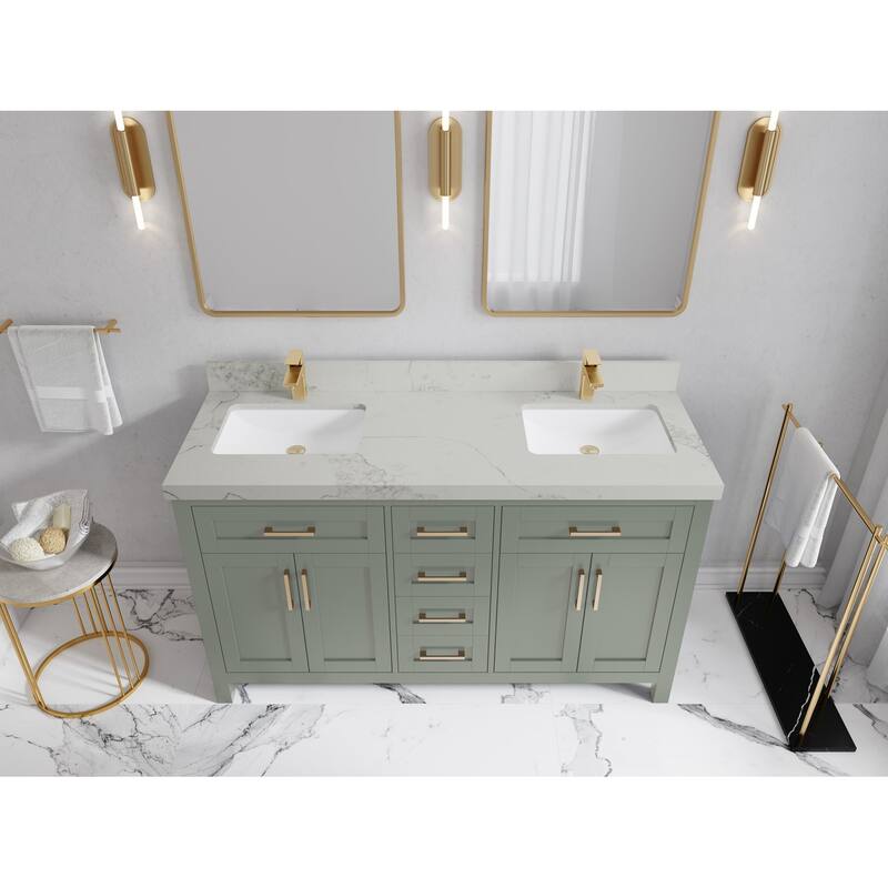 Willow Collections 60 in. W x 22 in. D Cambridge Double Sink Bathroom Vanity with Countertop - 2”Calacatta Nuvo - Evergreen