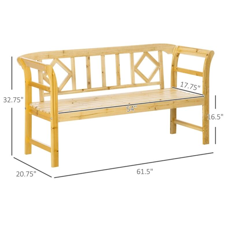 Fir Wood Garden Bench with Vintage Design Slatted Seat and Back for Outdoor Patio - 61.5" W x 20.75" D x 32.75" H