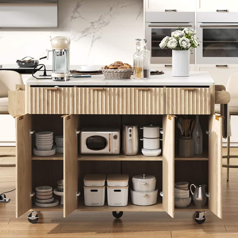 55.5" Fluted Kitchen Island with Drop Leaf, Power Outlet, 4 Doors & 3 Drawers