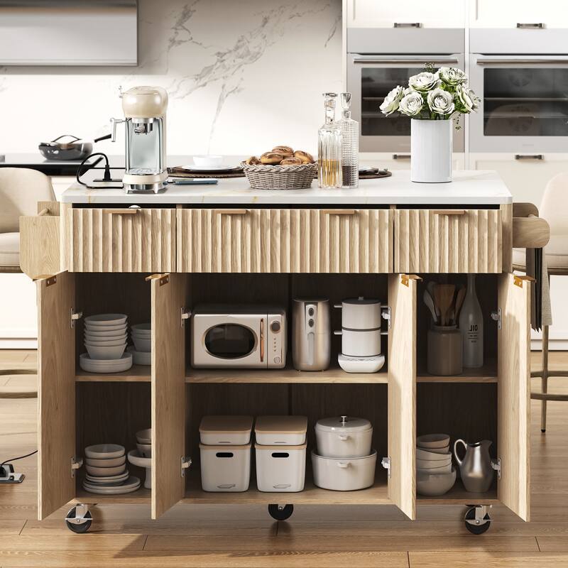 55.5" Fluted Storage Kitchen Island with Drop Leaf and Power Outlet and 3 Drawers