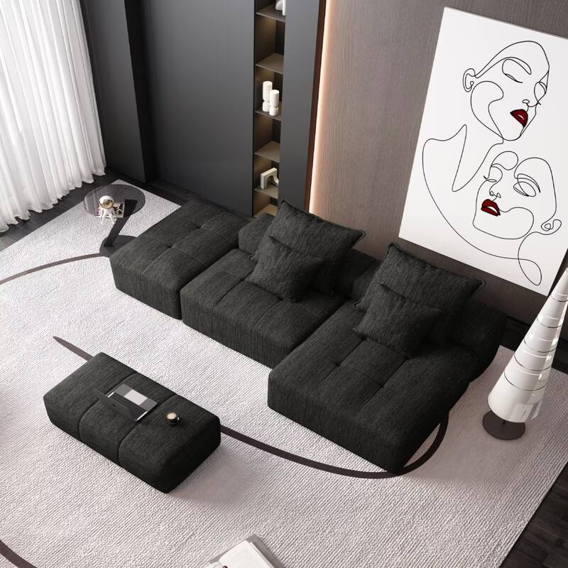 Oversized Modular Sectional Sofa,Sparkling Chenille Fabric,DIY Sofa - 1-Ottoman+1-Seater+1-Chaise+1-Amrest - Black