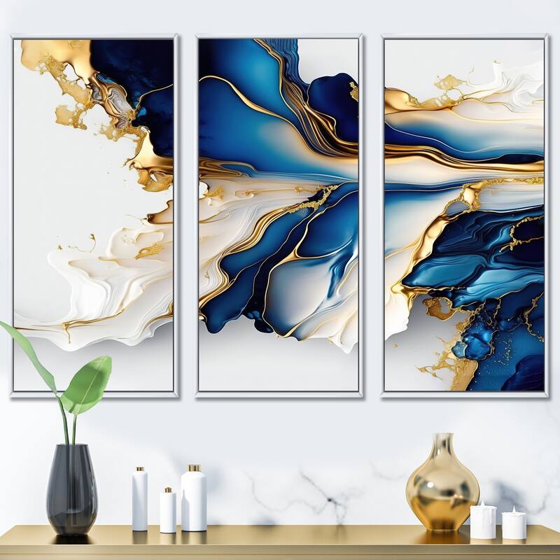 Designart "Abstract Geode Gold And Blue Marble Shape III" Modern Geometric Framed Canvas Art Print - 3 Panels - 36 in. wide x 28 in. high - 3 Panels - White