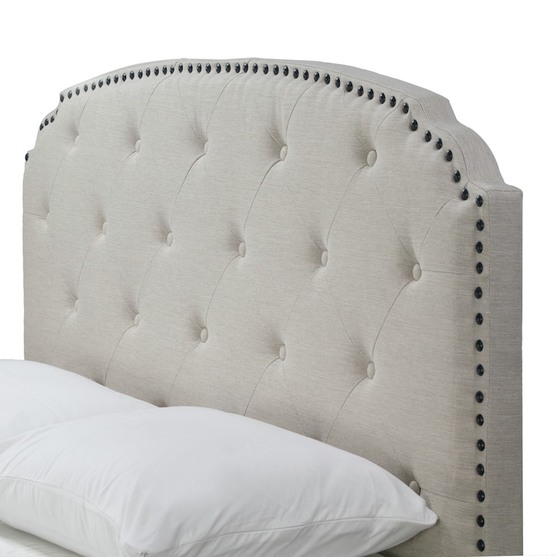 Arin Beige Fabric Queen Bed with Button Tufting and Black Nail Head