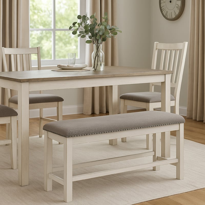 Lea Counter Height Dining Bench, Classic White Wood, Gray Polyester